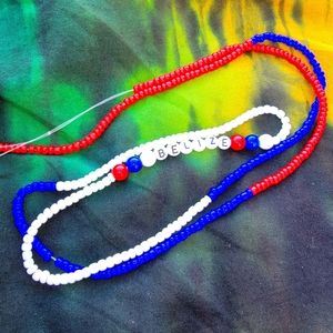 Belize waistbeads red blue white stretched